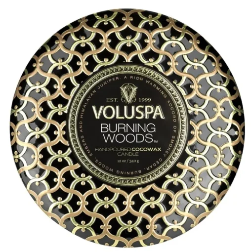 Voluspa 3-Wick Candle Decorative Tin Burning Woods 340g