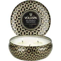 Voluspa 3-Wick Candle Decorative Tin Burning Woods 340g
